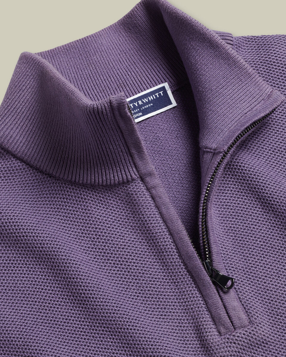 Honeycomb Cotton Zip Neck Jumper - Purple