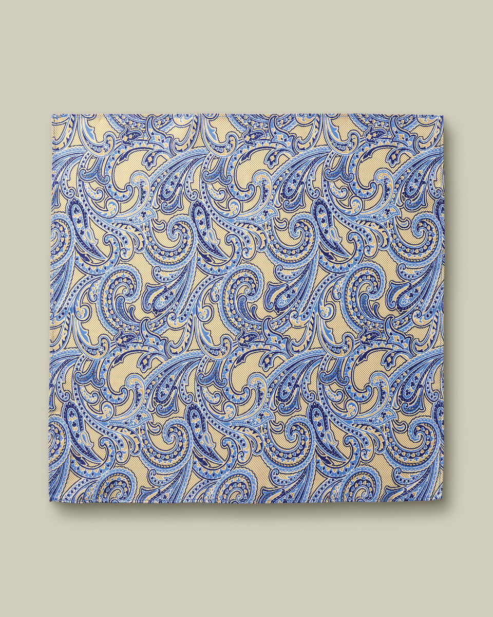 Silk Paisley Pocket Square - Stone & Blue