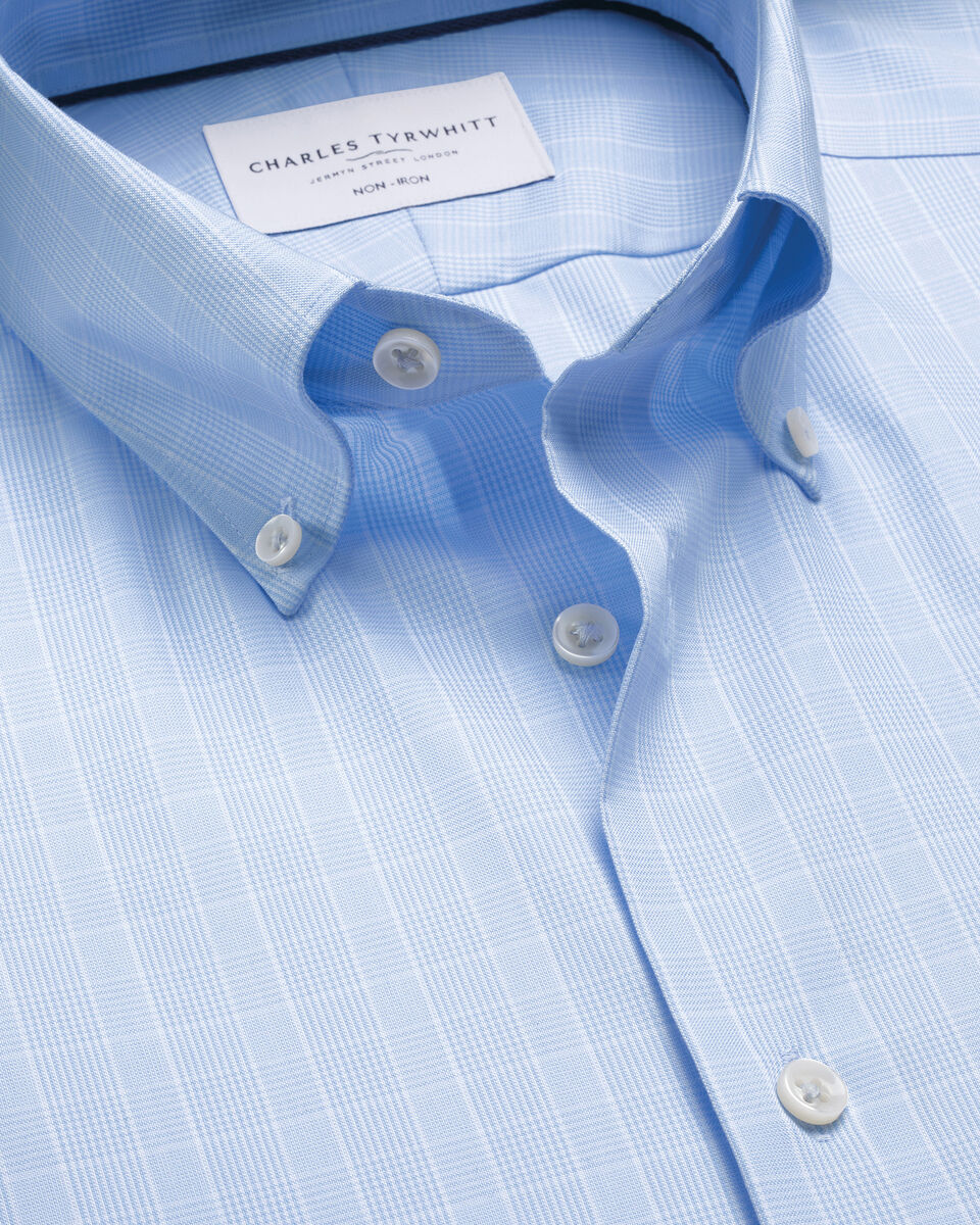 B&uuml;gelfreies Pinpoint-Oxfordhemd mit Stretch und Prince-of-Wales-Karos&nbsp;- Mittelblau