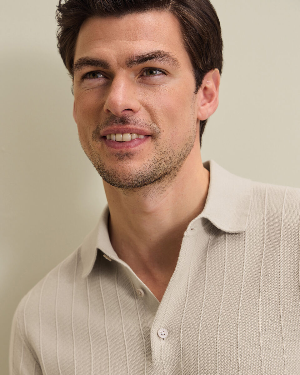 Cotton Stripe Textured Knitted Polo - Limestone
