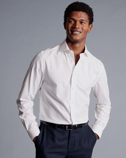 Spread Collar Non-Iron Henley Weave Shirt - White | Charles Tyrwhitt