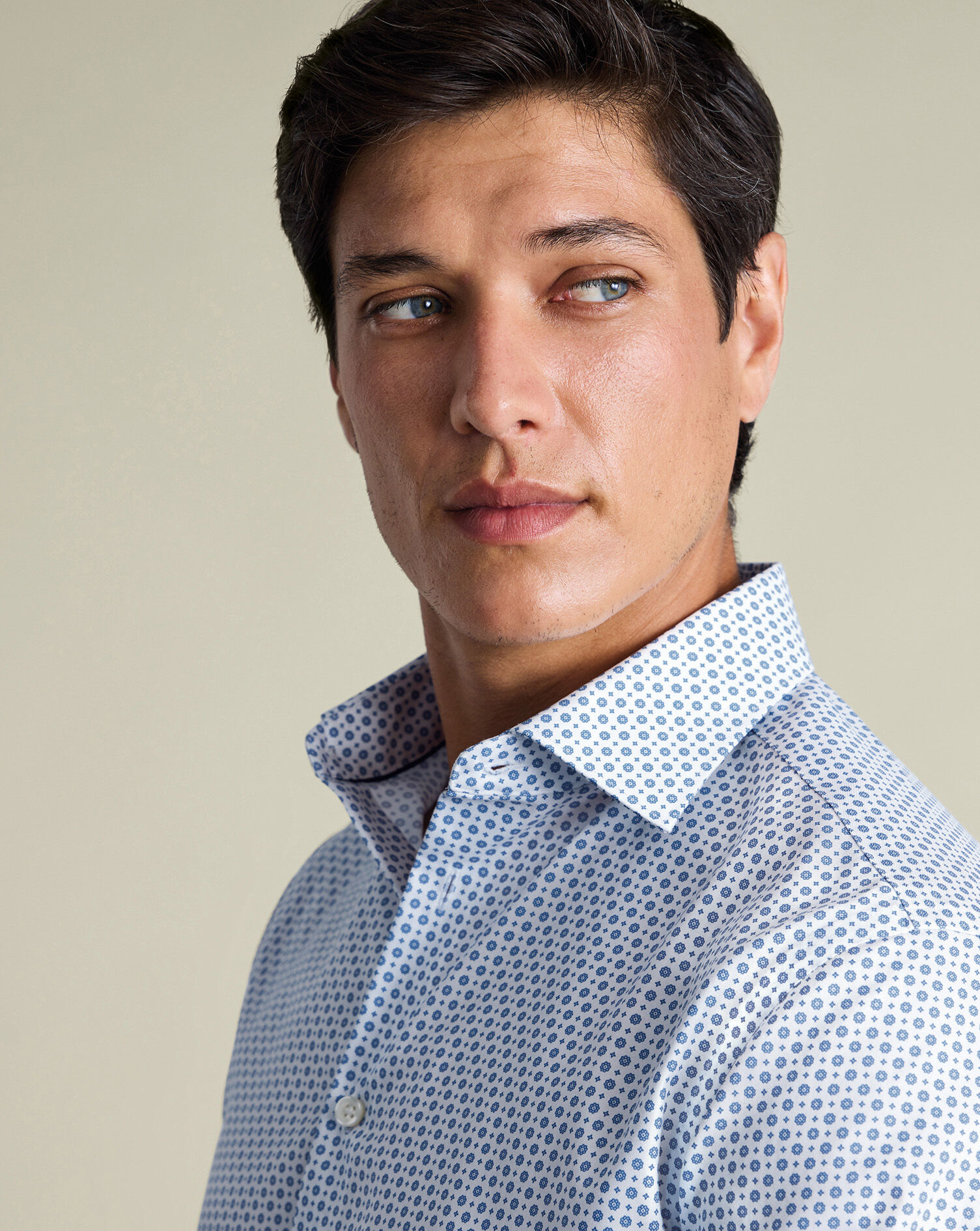 Non-Iron Stretch Print Shirt - White & Blue