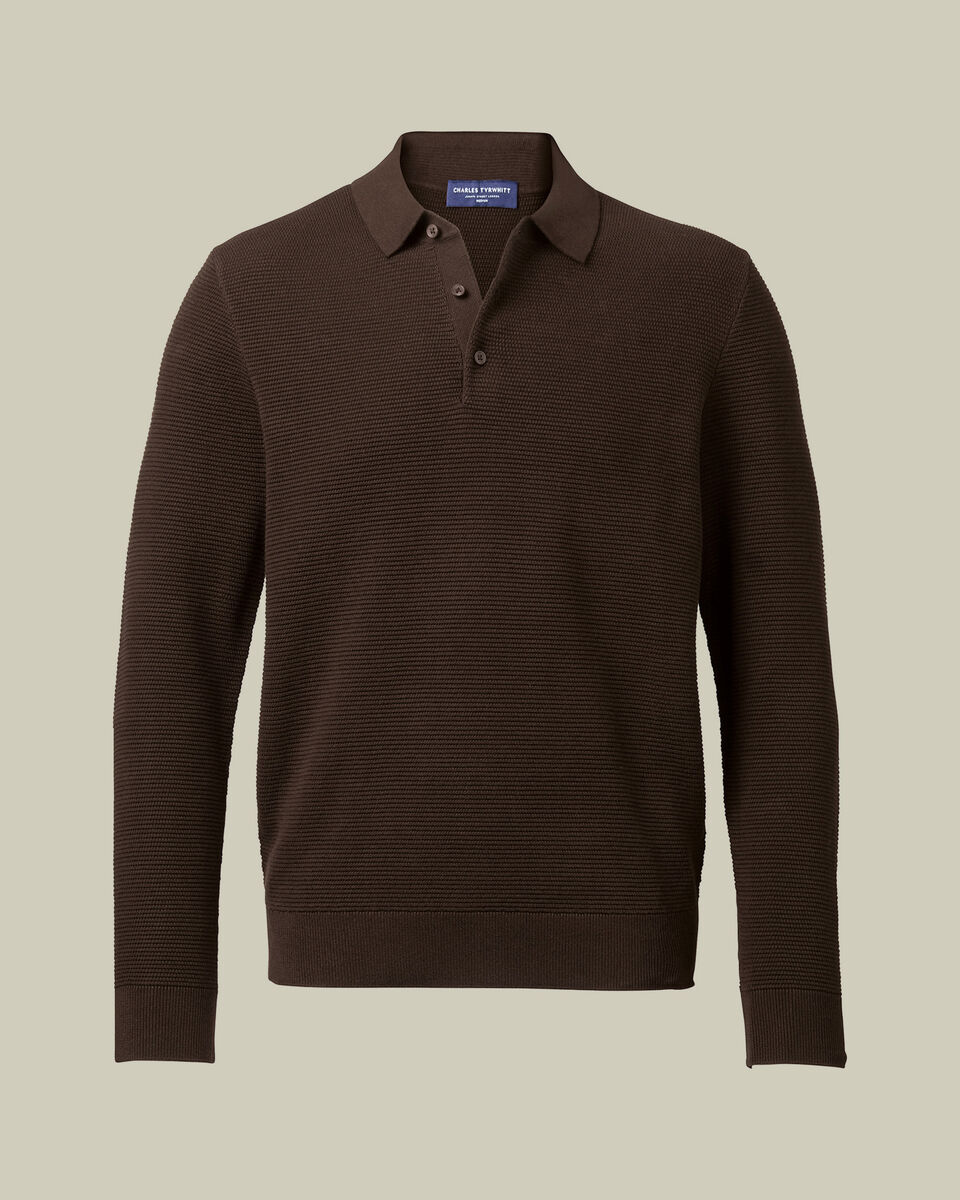 Polo en maille textur&eacute;e &agrave; manches longues en coton - Marron chocolat