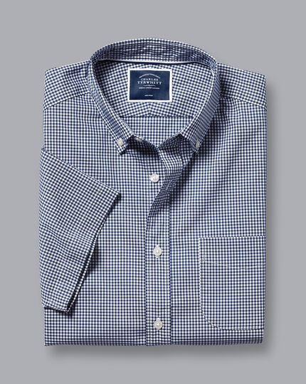 Button-Down Collar Non-Iron Stretch Mini Gingham Short Sleeve Shirt - French Blue