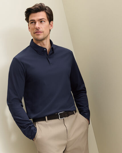 Long Sleeve Smart Cotton Polo - Navy