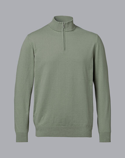 Combed Cotton Zip Neck Sweater - Sage Green