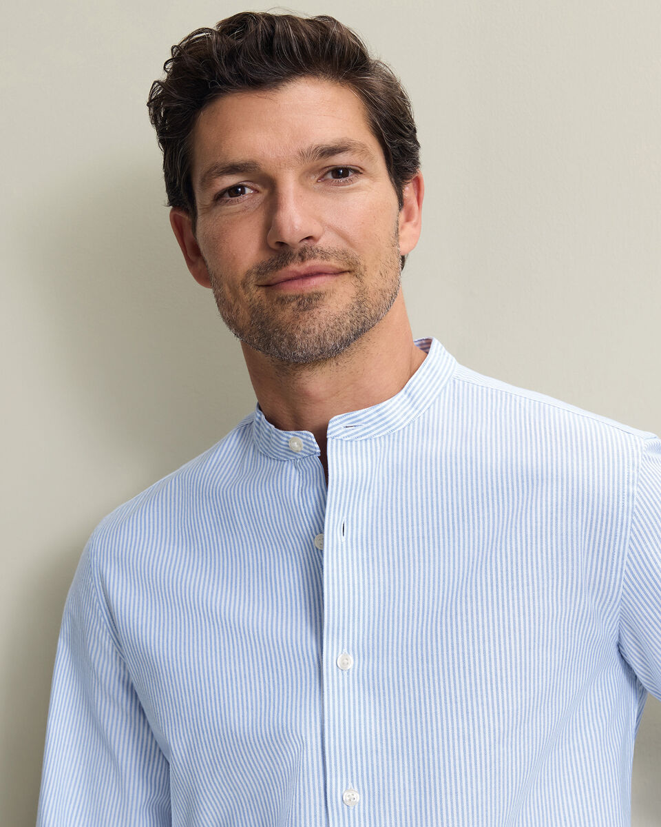 Chemise Oxford D&eacute;lav&eacute;e Extensible &Agrave; Rayures Sans Col - Bleu Oc&eacute;an