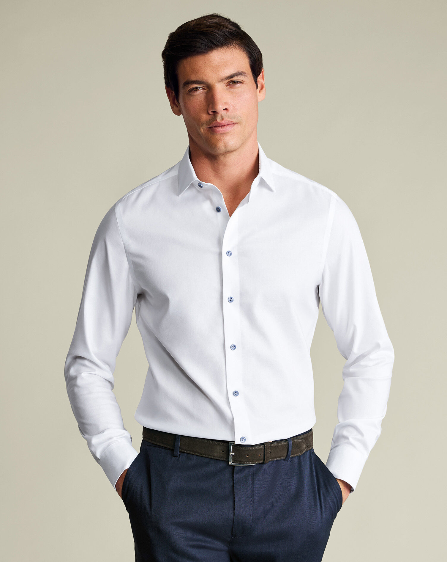 Non-Iron Stretch Printed Trim Shirt – White