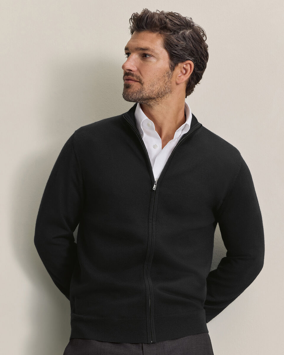 Pure Merino Full Zip Through Cardigan - Black