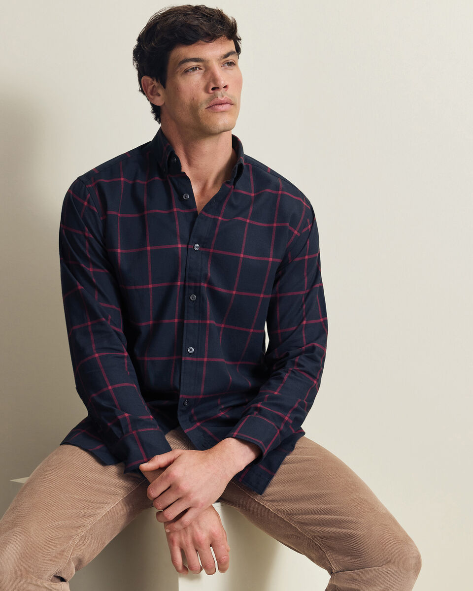 Brushed Flannel Windowpane Check Shirt - Red