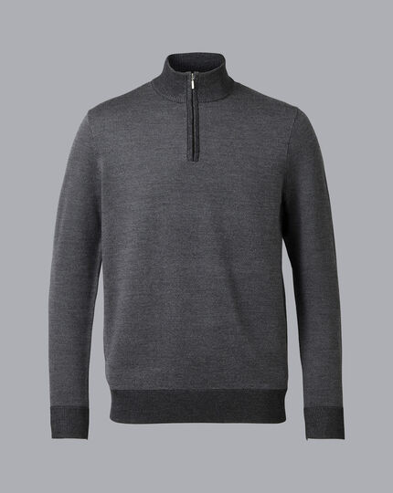 Merino Zip Neck Birdseye Sweater - Charcoal & Grey