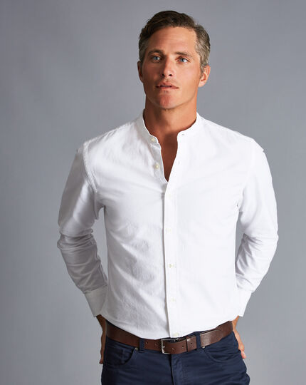 Collarless Cotton Linen Shirt - White