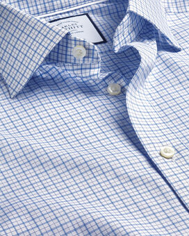 Semi-Cutaway Collar Egyptian Cotton Twill Double Check Shirt - Ocean Blue