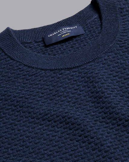 Cotton Merino Textured Crew Neck Sweater - Ink Blue