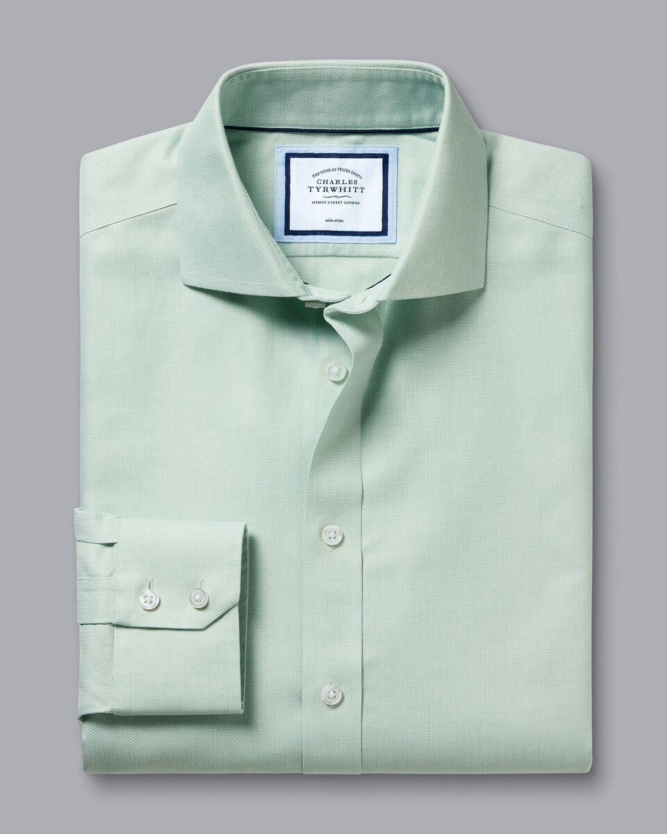 Spread Collar Non-Iron Henley Weave Shirt - Light Green | Charles Tyrwhitt