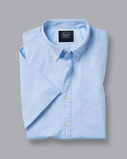 Button-Down Collar Washed Oxford Short Sleeve Shirt - Sky Blue ...