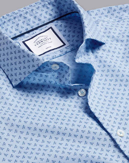 Semi-Spread Collar Non-Iron Paper Airplane Print Shirt - Sky Blue