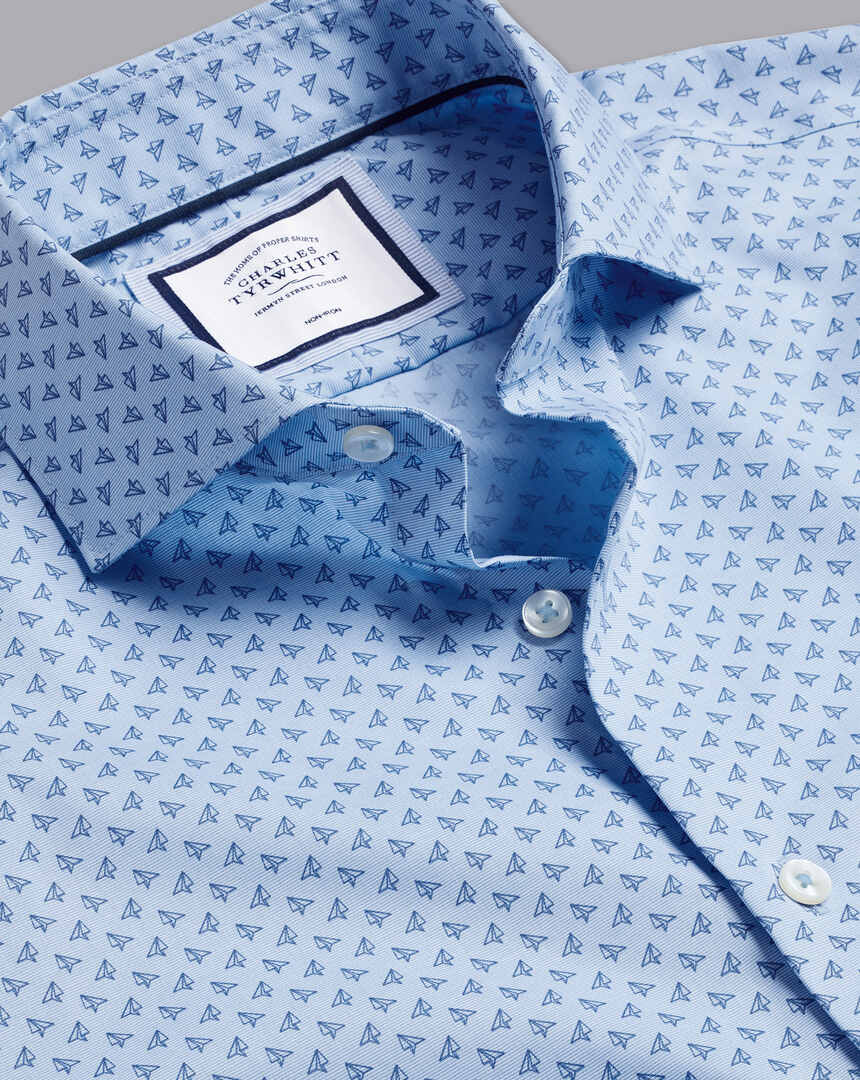 Semi-Spread Collar Non-Iron Paper Airplane Print Shirt - Sky Blue