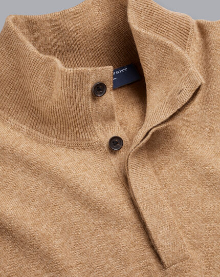 Merino Cashmere Button Neck Sweater - Camel