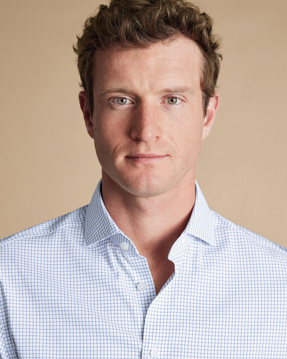 Chemise Performance en sergé à petits carreaux sans repassage - Bleu océan