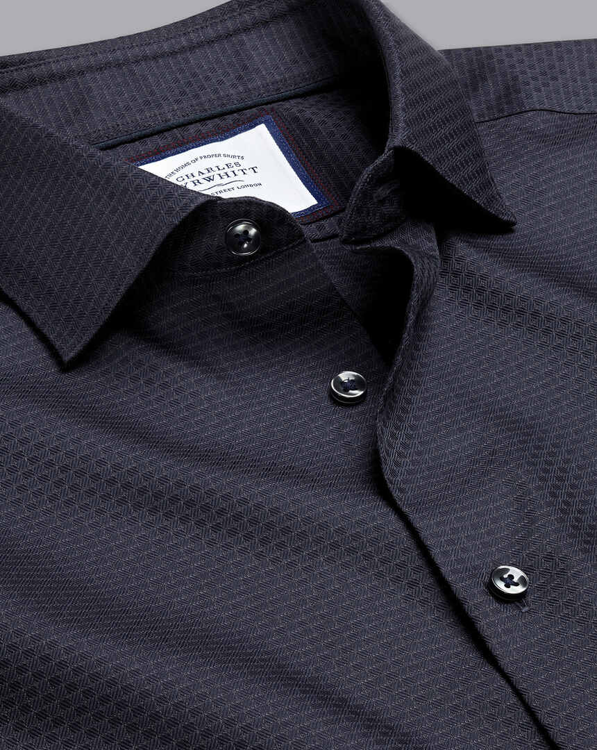 Semi-Spread Collar Non-Iron Stretch Texture Grid Shirt - Charcoal