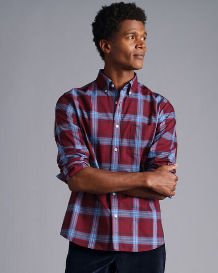 Button-Down Collar Non-Iron Stretch Poplin Large Check Shirt - Red