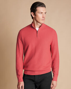 Honeycomb Cotton Quarter Zip Sweater - Coral Pink