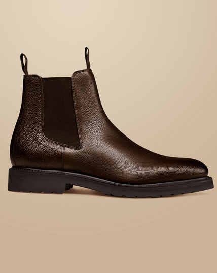 Rubber Sole Grain Leather Chelsea Boots - Chocolate Brown