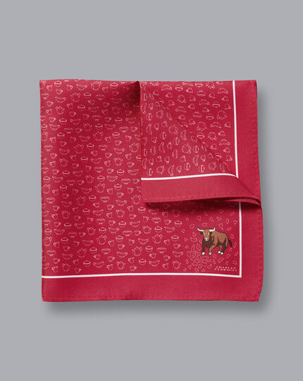 Bull in a China Shop Motif Silk Pocket Square - Coral Pink