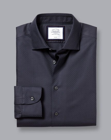 Semi-Cutaway Collar Non-Iron Stretch Texture Grid Shirt - Charcoal