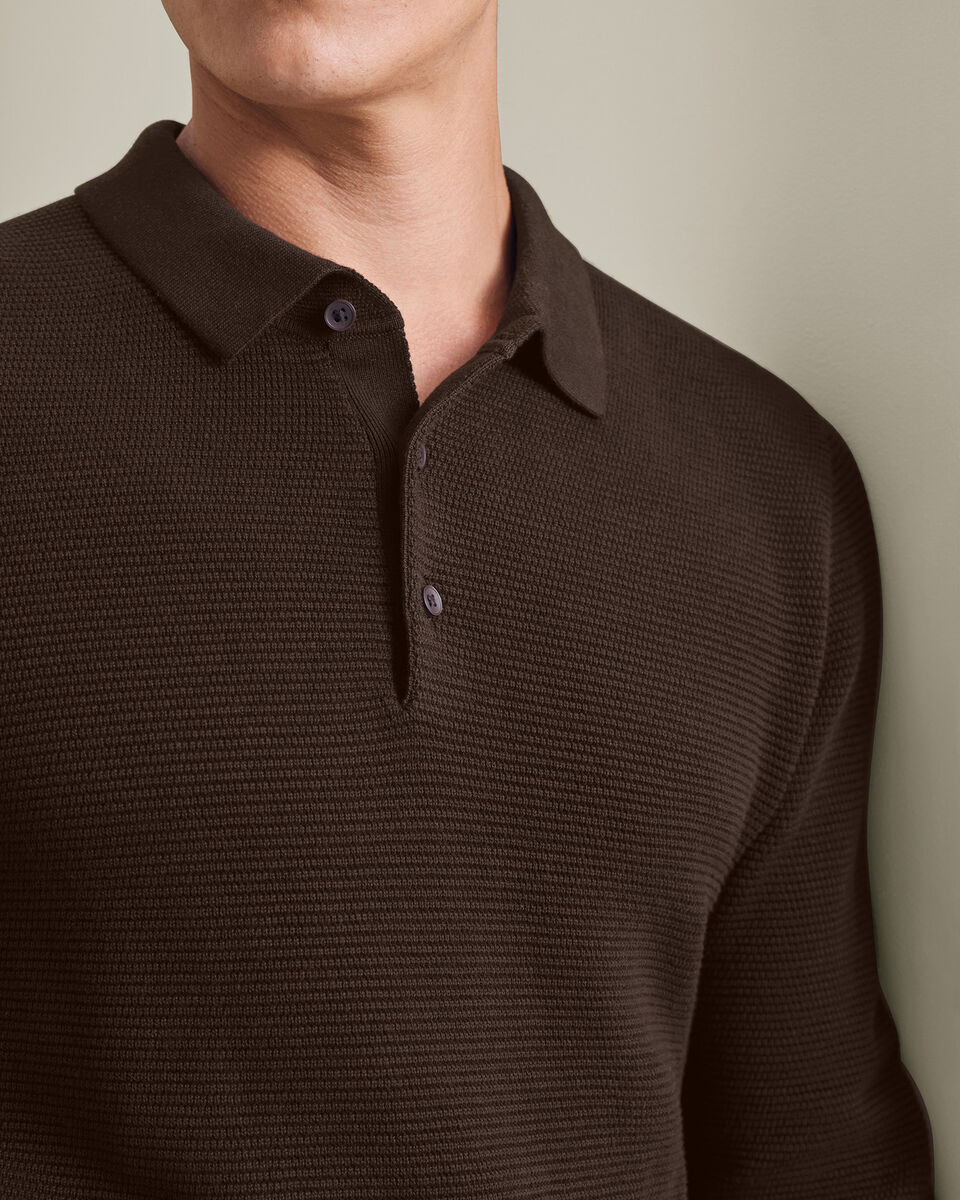 Long Sleeve Cotton Textured Knitted Polo - Chocolate Brown