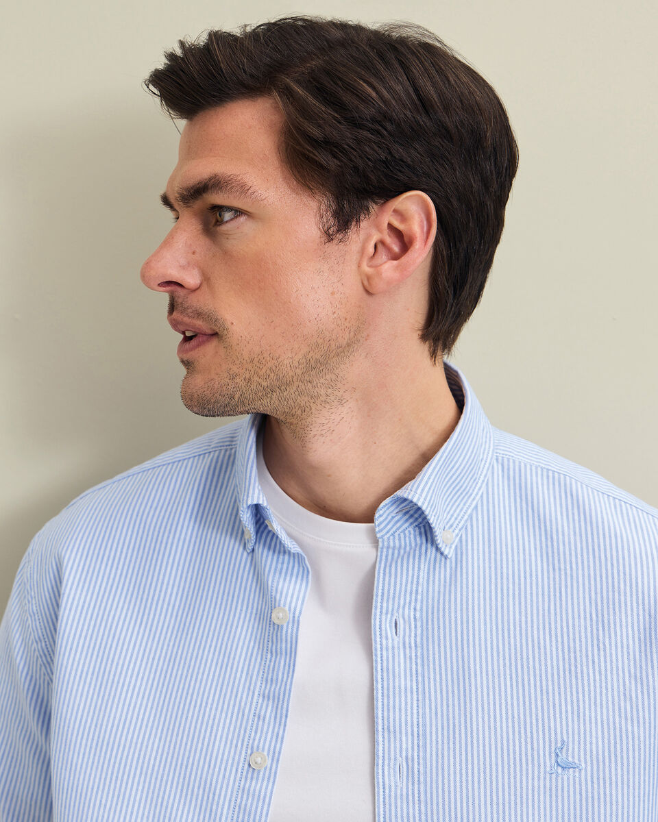Short Sleeve Button-Down Stretch Washed Oxford Stripe Shirt &ndash; Ocean Blue
