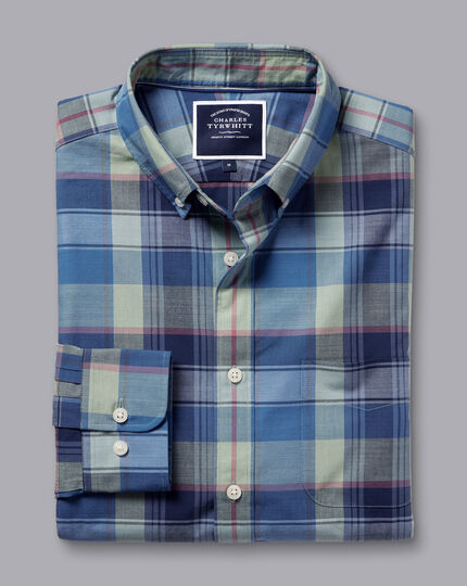 Button-Down Collar Non-Iron Stretch Poplin Slub Multi Check Shirt - Indigo Blue