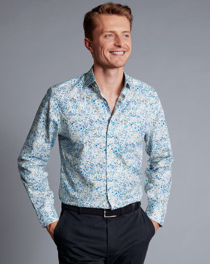 Made With Liberty Fabric Floral Print Semi-Cutaway Collar Shirt - Cobalt Blue