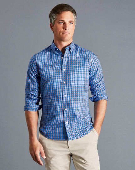 Button-Down Collar Non-Iron Stretch Poplin Check Shirt - Cornflower Blue