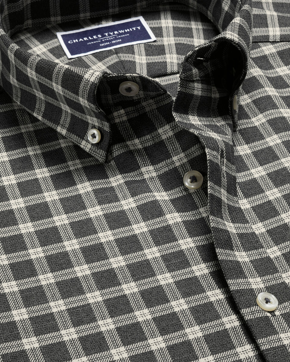Chemise en sergé à carreaux moyens à col boutonné sans repassage - Gris foncé