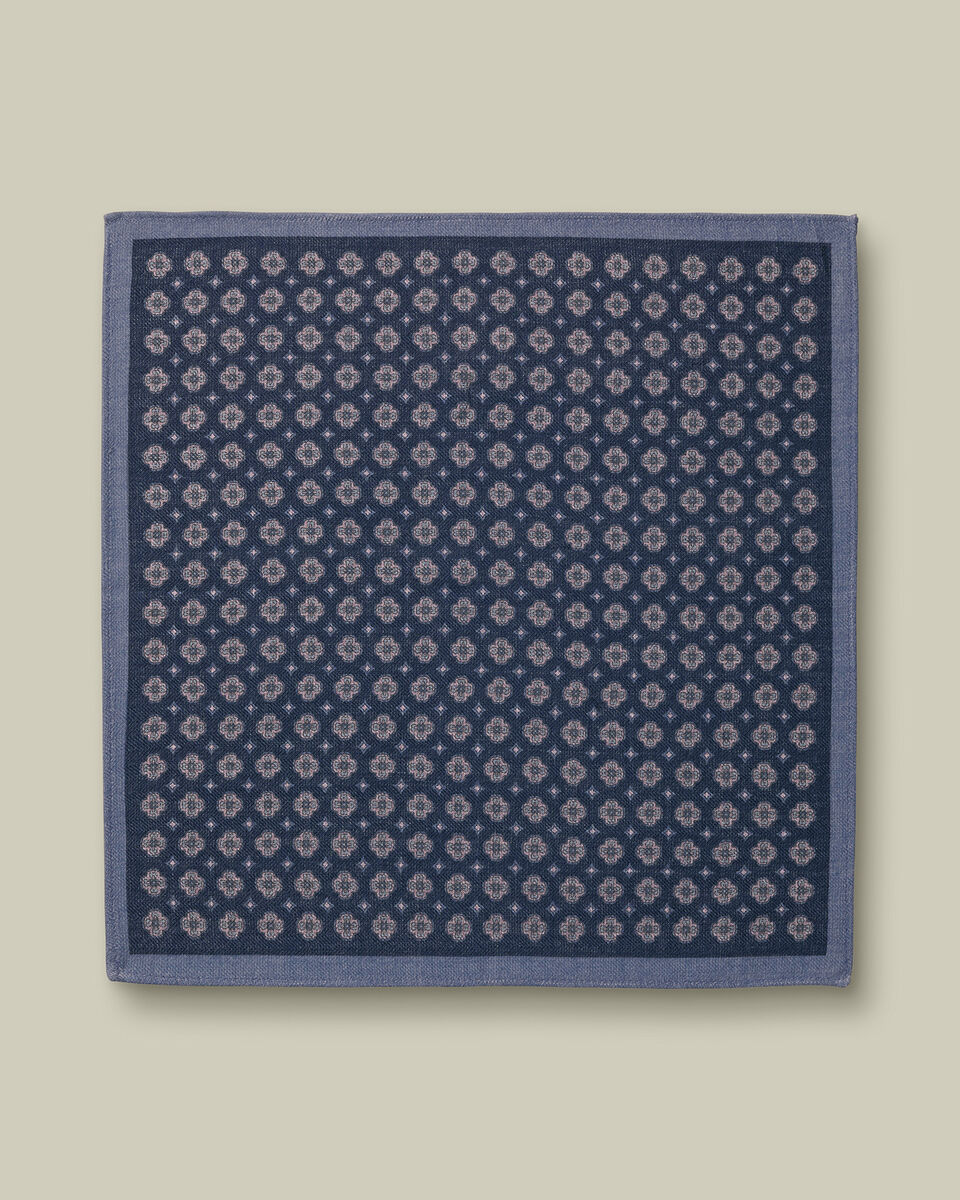 Wool Silk Medallion Print Pocket Square - French Blue