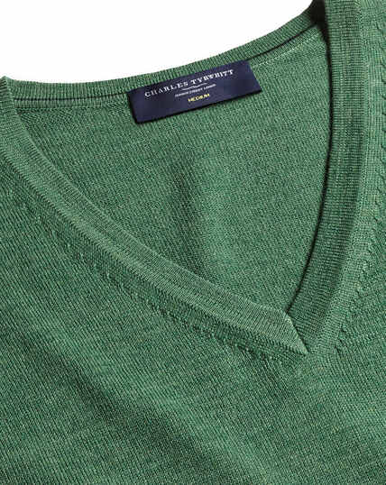 Pure Merino V Neck Sweater - Green Melange