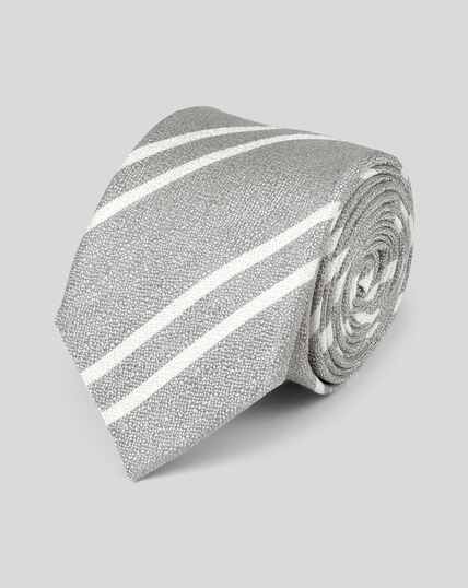 Slim Silk Linen Stripe Tie - Silver