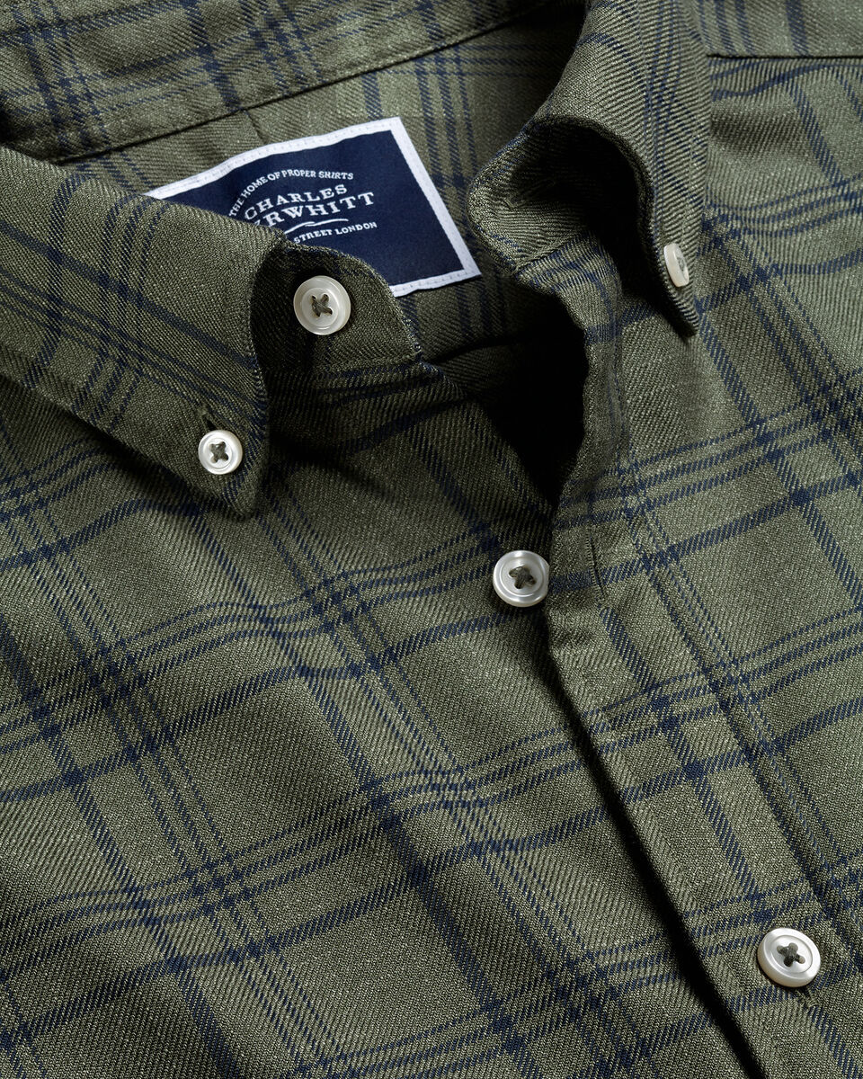 Button-Down Collar Non-Iron Twill Check Shirt - Olive Green | Charles ...