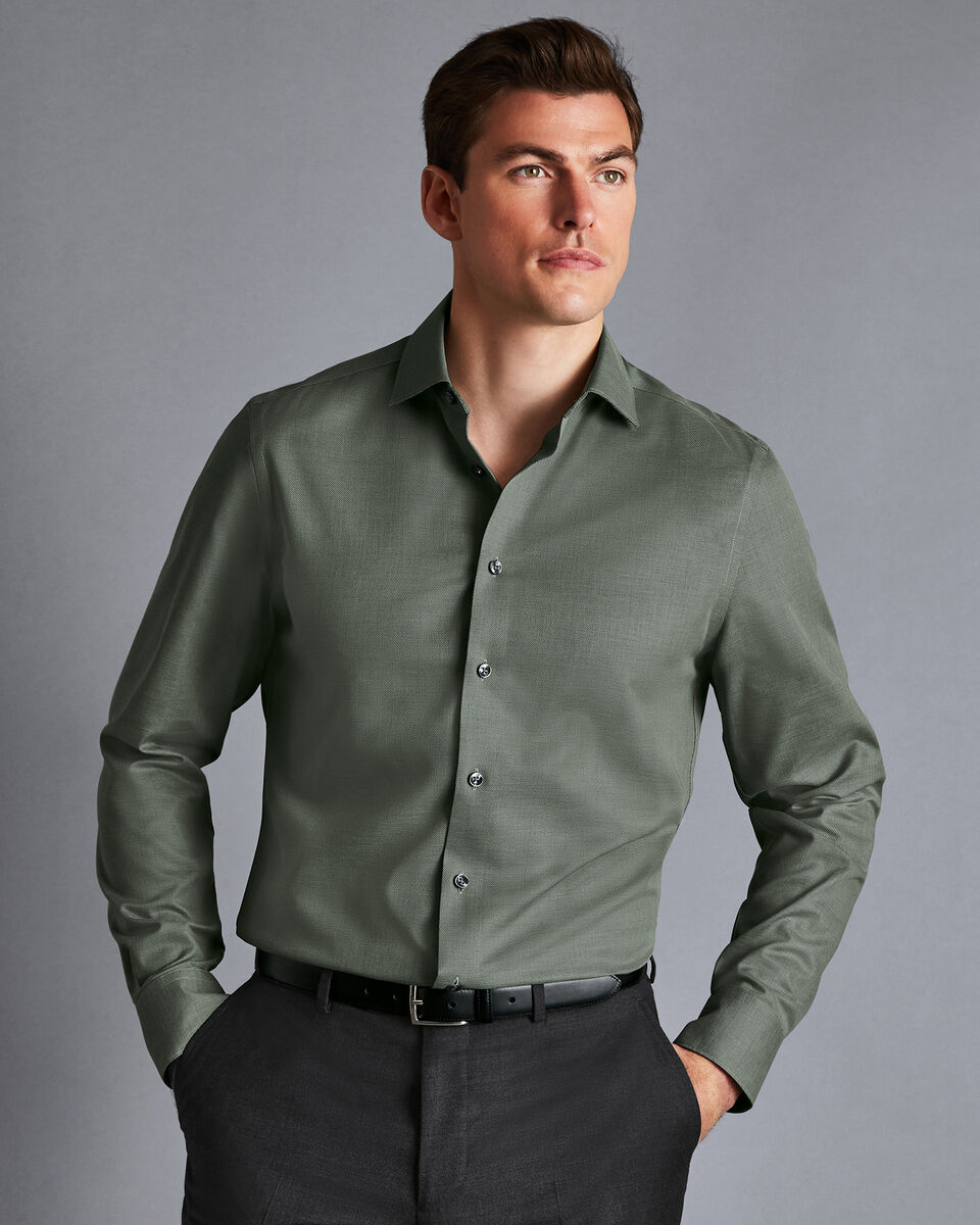 Semi-Cutaway Collar Non-Iron Stretch Texture Shirt - Olive Green ...