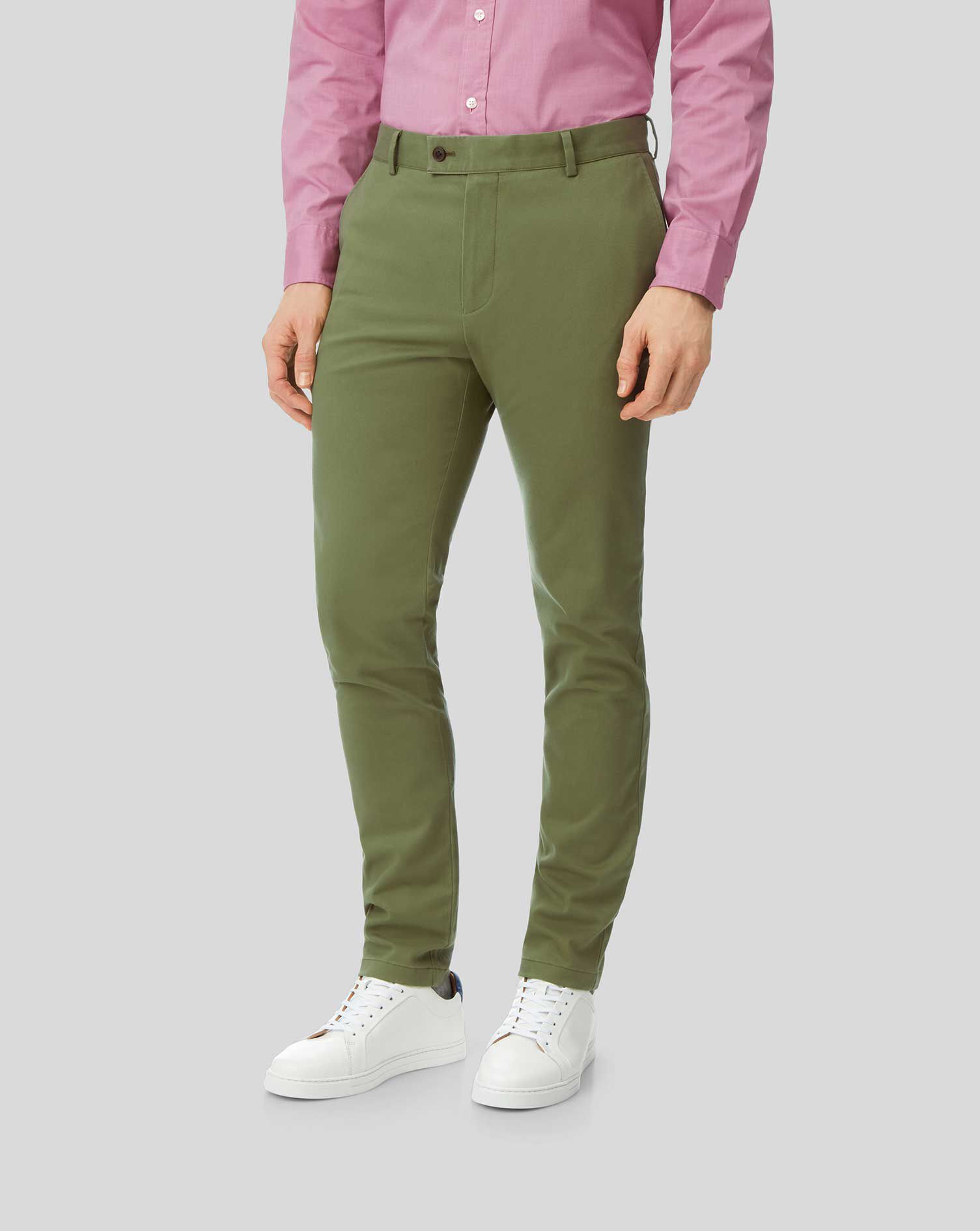 Mens Chinos 30W 34L CHARLES TYRWHITT Dark Green Single Pleat Casual Trousers 