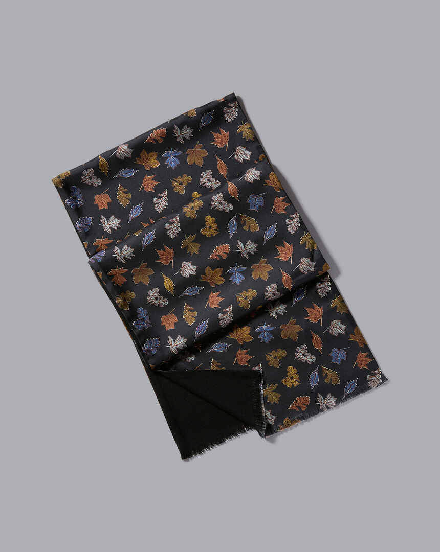 Silk Leaf Print Scarf - Black