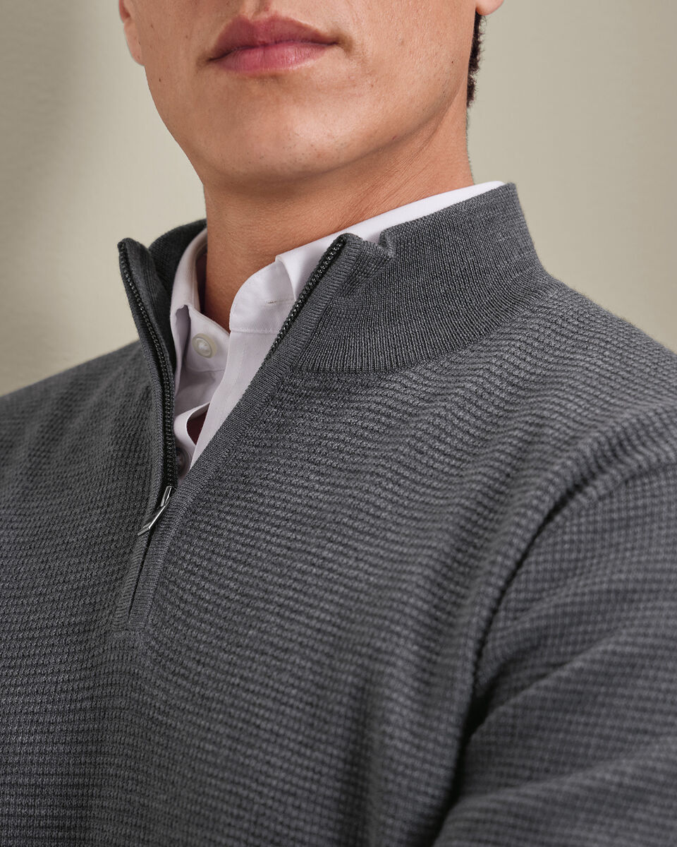 Pull &agrave; col zipp&eacute; en pure laine m&eacute;rinos textur&eacute;e - Gris