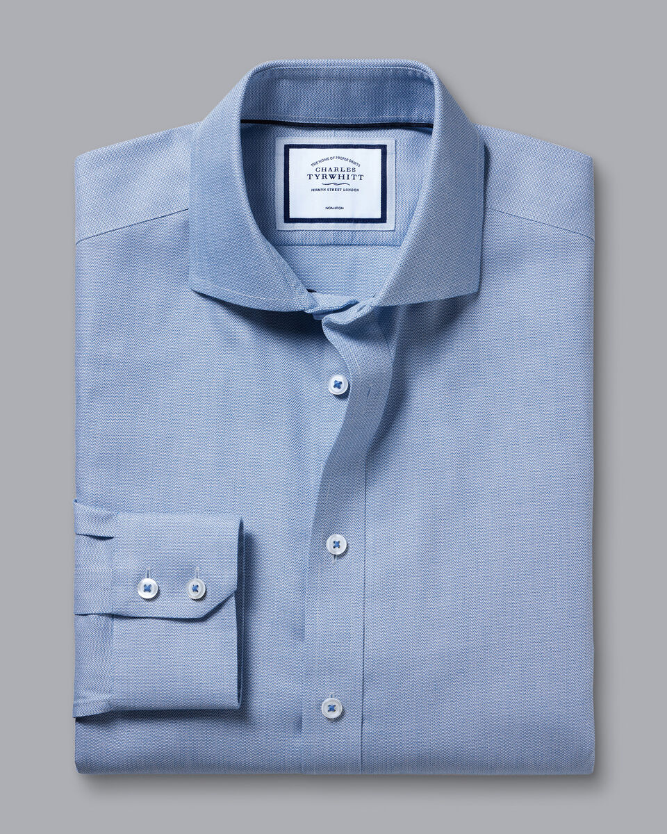 Spread Collar Non-Iron Henley Weave Shirt - Ocean Blue | Charles Tyrwhitt