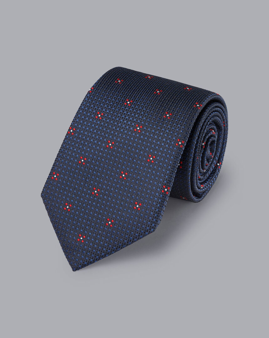 Silk Textured Floral Tie - Navy & Red