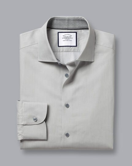 Semi-Spread Collar Twill Shirt with Printed Trim - Light Grey