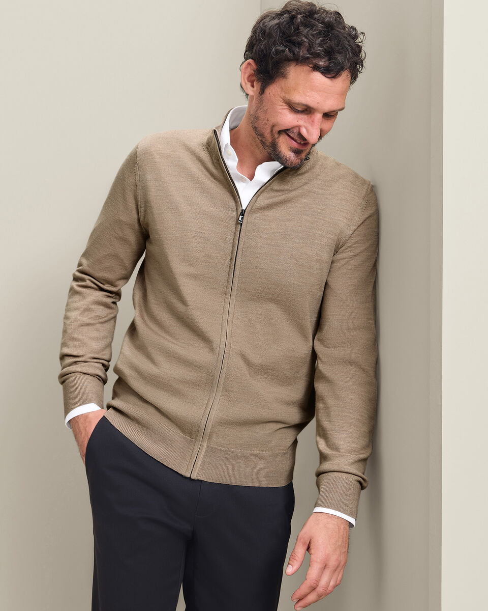 Pure Merino Zip Through Cardigan - Oatmeal