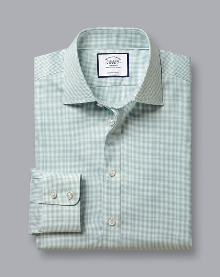 Semi-Cutaway Collar Egyptian Cotton Twill Small Grid Check Shirt - Light Green