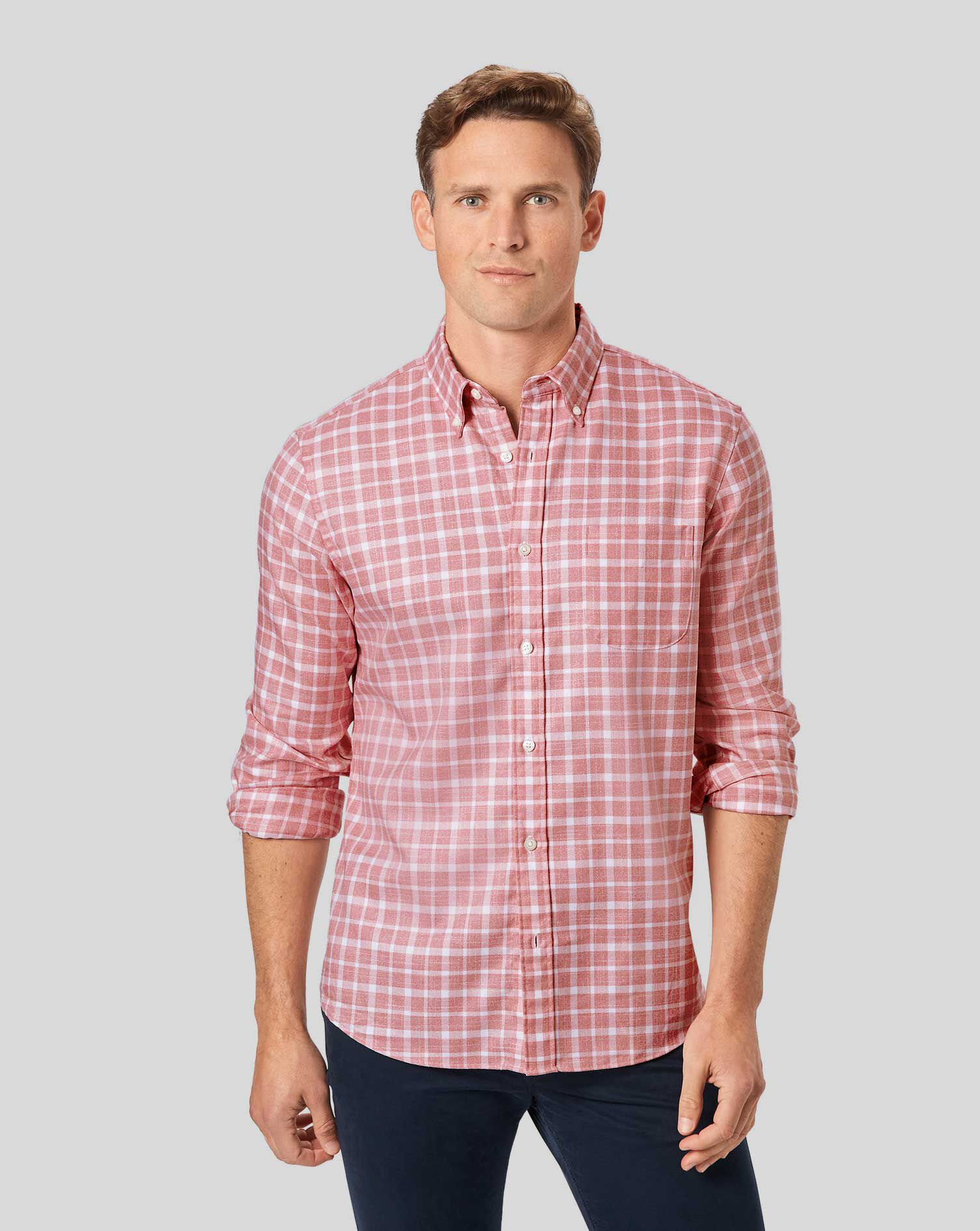 pink and white button up